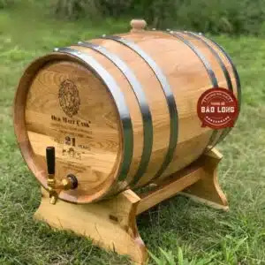 Thùng Rượu Gỗ Sồi 50L Đai Inox, Van Crom, Dáng Nằm